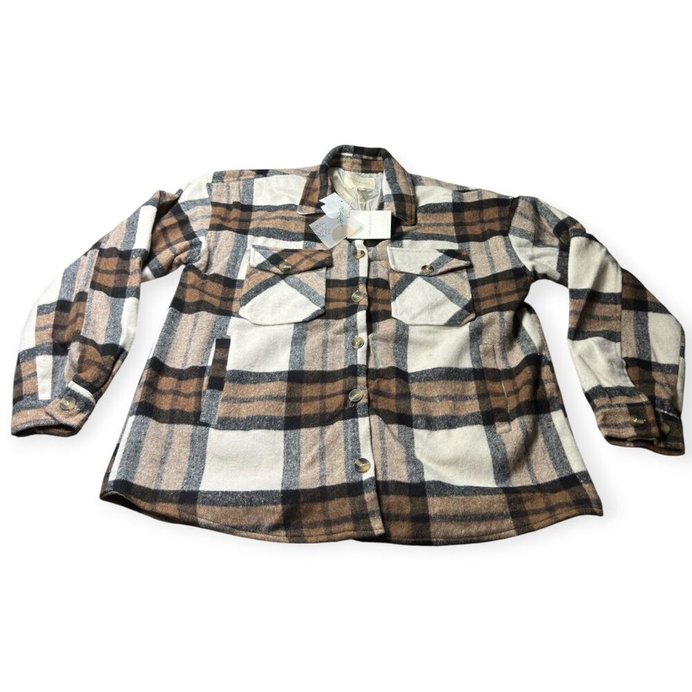 Thread & Supply Shacket Women's Large Fleece Button Up Pockets Button Up Brown